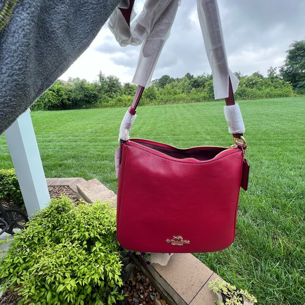 Coach Red Pebbled Leather Shoulder Bag with Gold Hardware